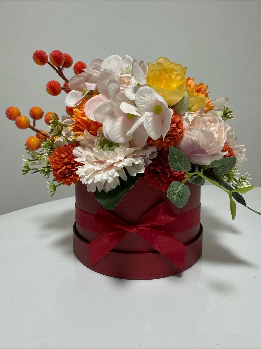 Handmade Artificial Floral Arrangement in Burgundy Hatbox – Fall Home Decor